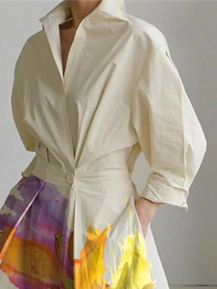 Freeacy Button Tied Waist A-line Pleated Dress for Women Lapel Long Sleeves Loose Fit Shirt Dress Cotton Blended Dress 250813