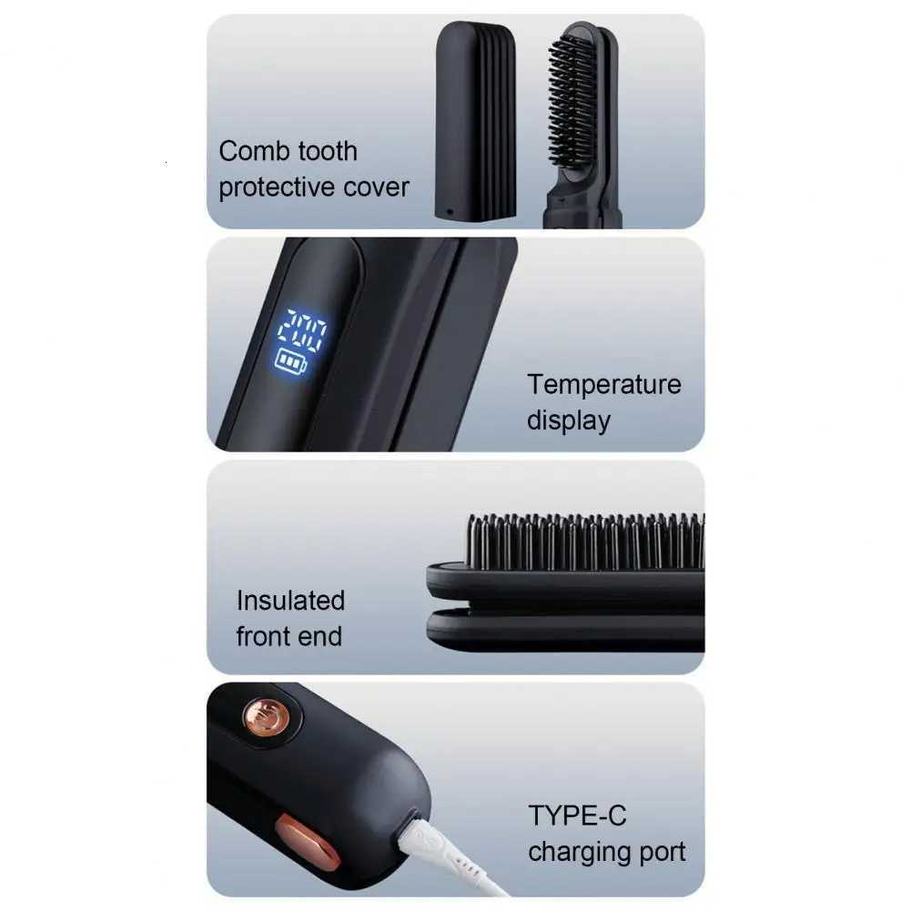 3-Temp Adjustable Portable Cordless Hair Straightener Brush Negative Ions Hot Brush Electric Curly Hair Styling Detangling Comb W250814