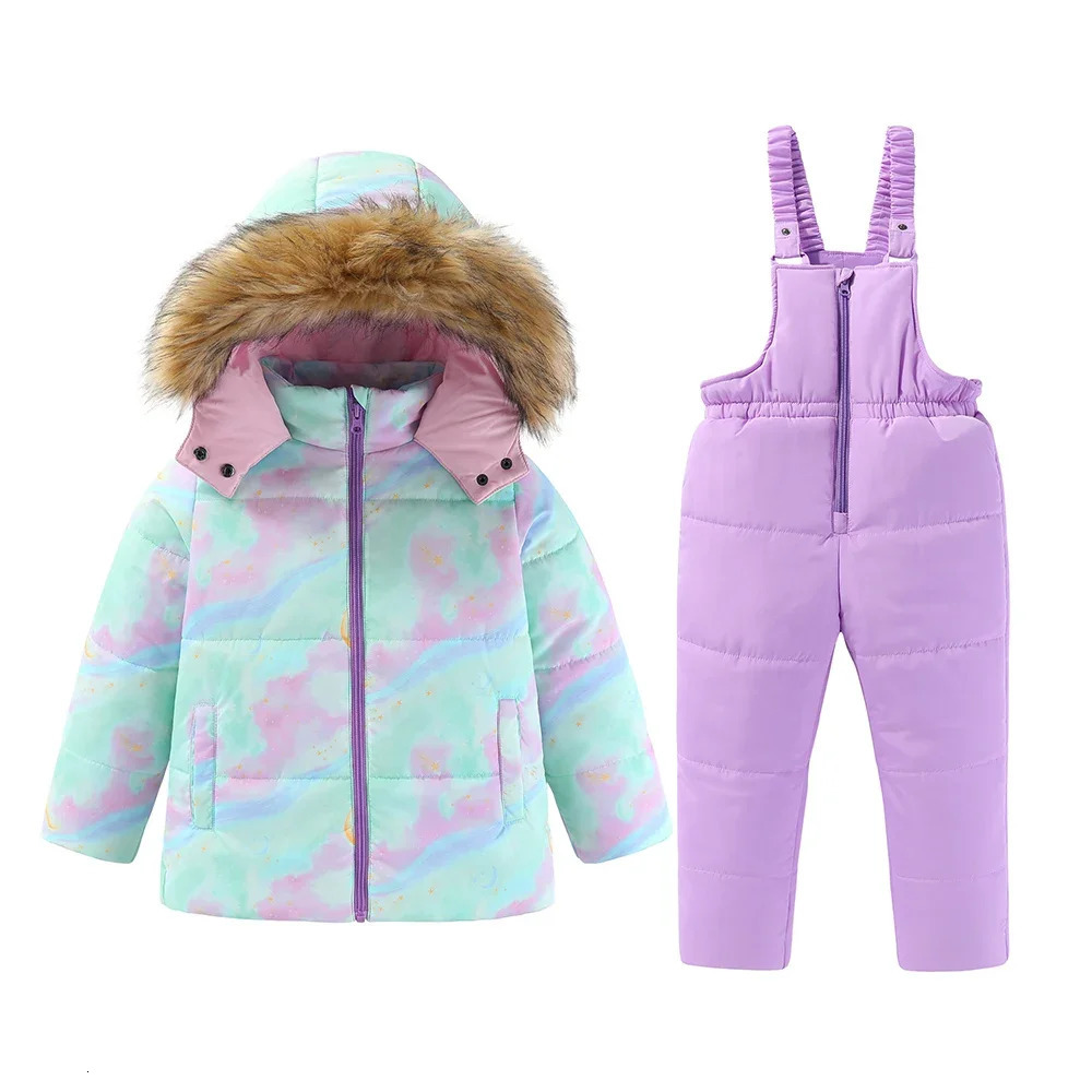 4-8T Kids Girls Ski Suits Hooded Snowboard Coats Children Winter Warm Pant Outdoor Sportwear Thick Cotton Snowboard Skiing Suit 250813
