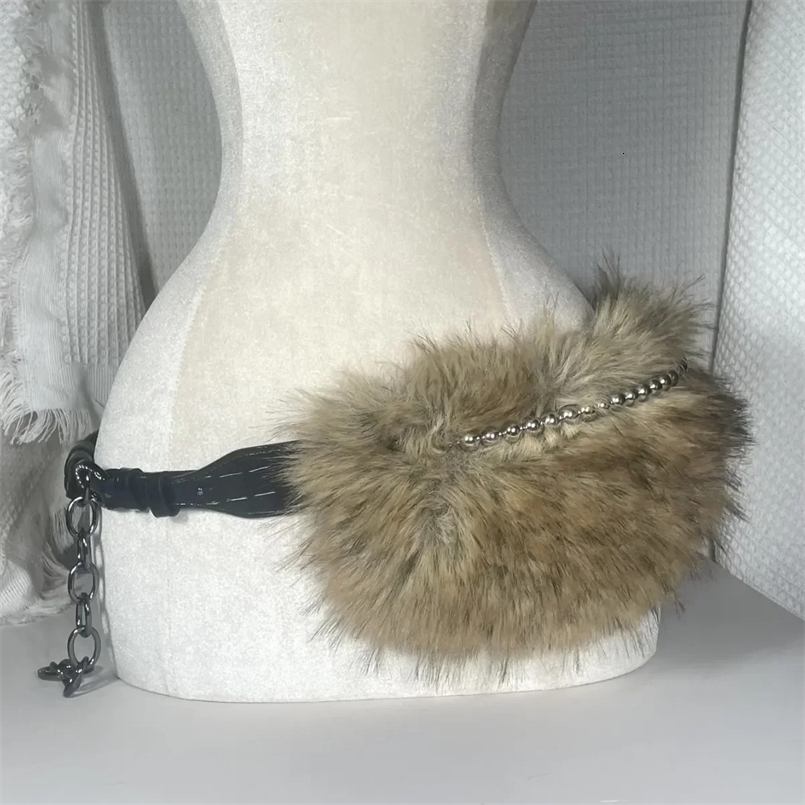 Vintage Faux Fur Belts Y2K Metal Bead Chain Plush Waist Chain Furry Fur Sexy Cowgirl Waistband Punk Belt Jeans for Night Club 250814ww