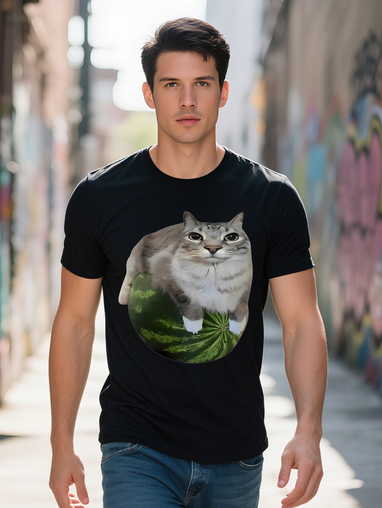 Lightweight Men's Summer T-Shirt Round Neck Short Sleeve Whimsical Cat in Watermelon Ball Design Playful Animal