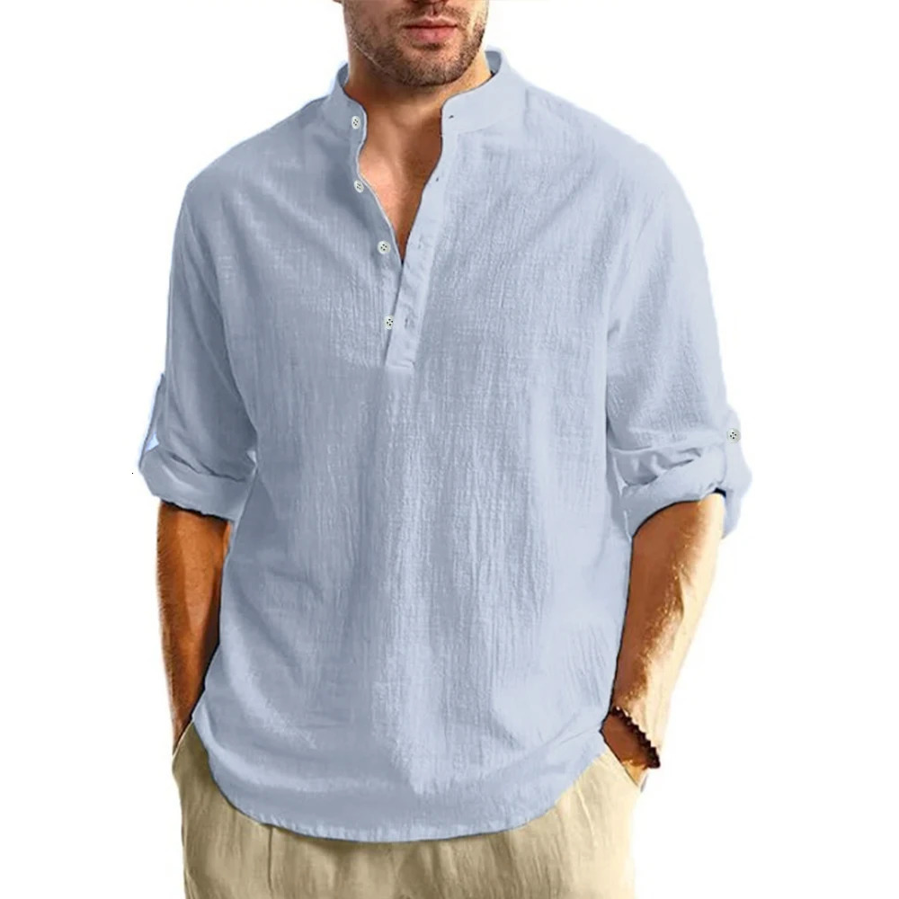 Mens Lightweight Shirts Long Sleeve Henley Collar Casual shirts Men Beach Hawaiian Vacation Shirts Breathable Tshirts 250813