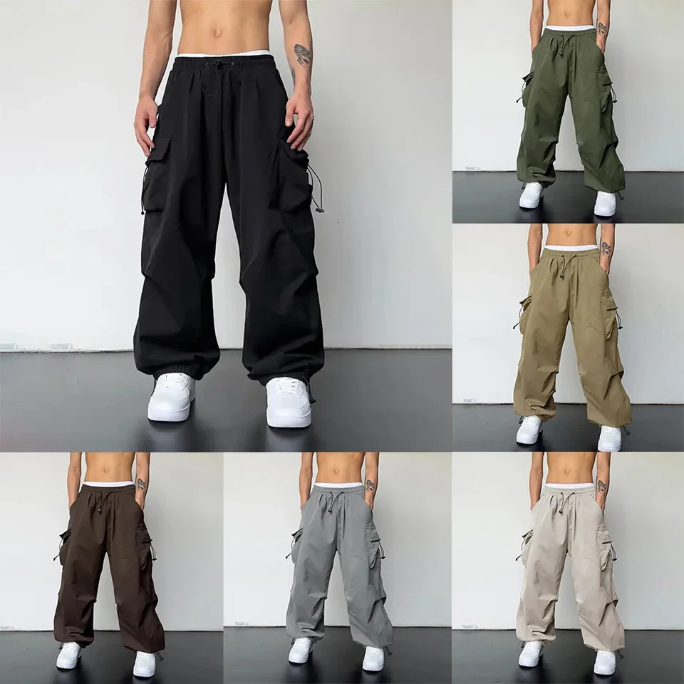 Spring Summer Fashion Casual Pans For Men Streetwear Solid Color Cargo Pants Elastic Waist Wide Leg Harajuku Casual Mens Jogger 250813