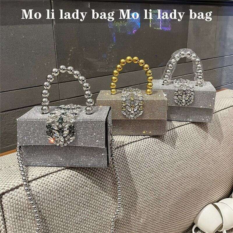 2024 New Shiny Fairy Gold Dia Handbag Evening Rhinestone Small Square Banquet Crossbody Women's Bag