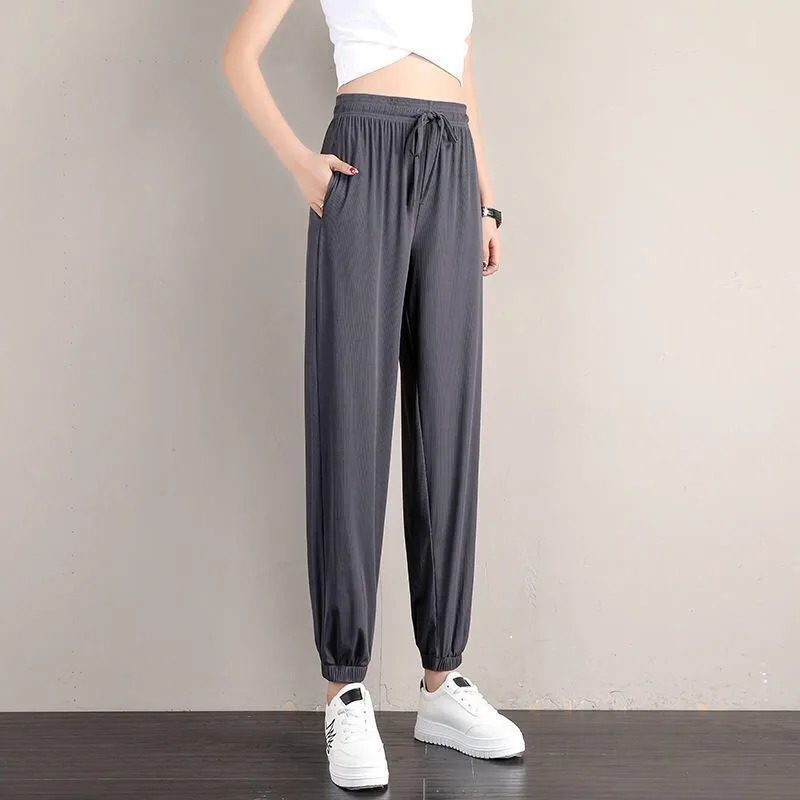 1pcs Summer Womens Ice Silk Pants Female High Elastic Waist Drawstring Pocket Loose Straight Trousers Student Sports Harun 250808