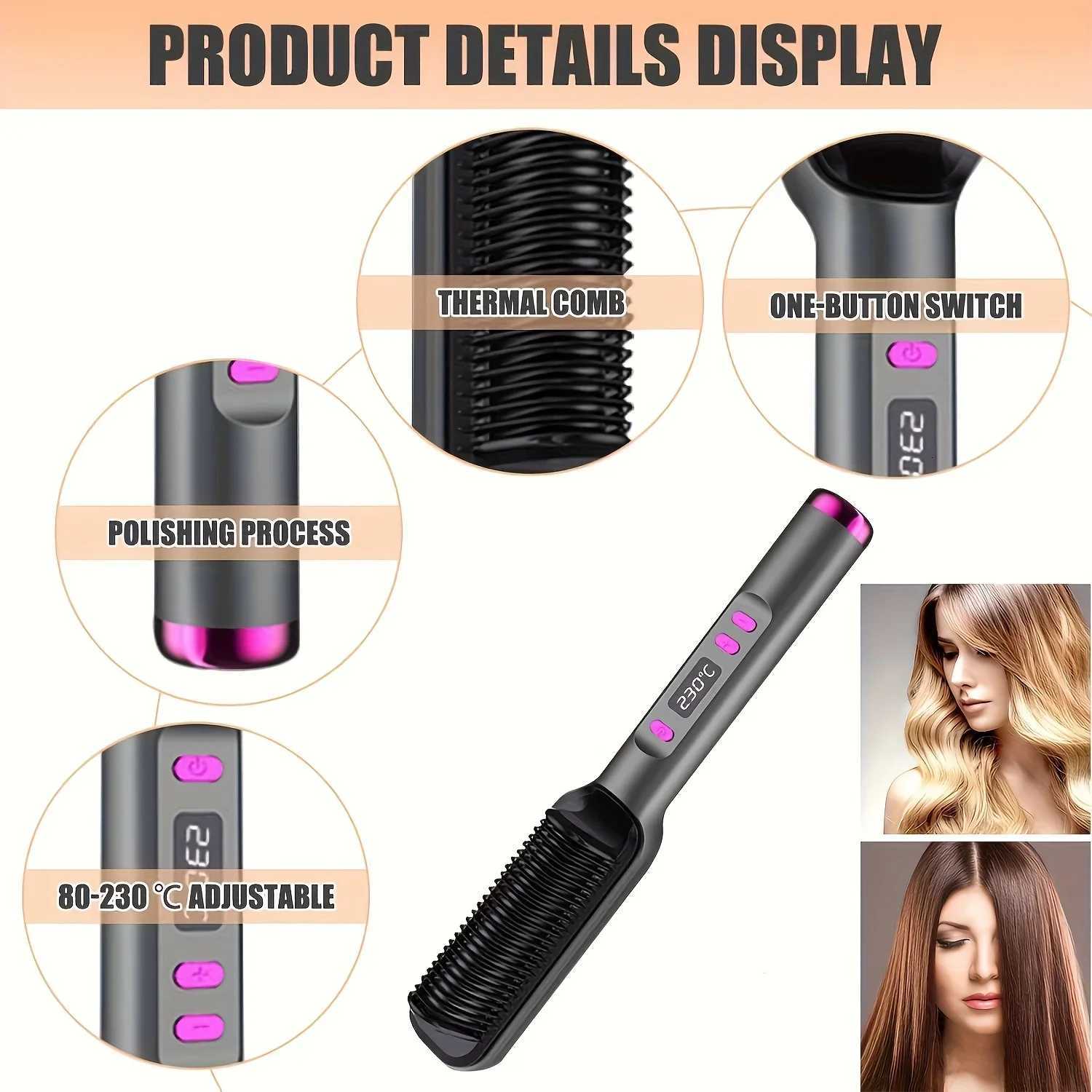 Negative Ion Heating Straight Hair Comb Ceramic Material LED Display Negative Ion Technology Suitable for Home and Travel W250814