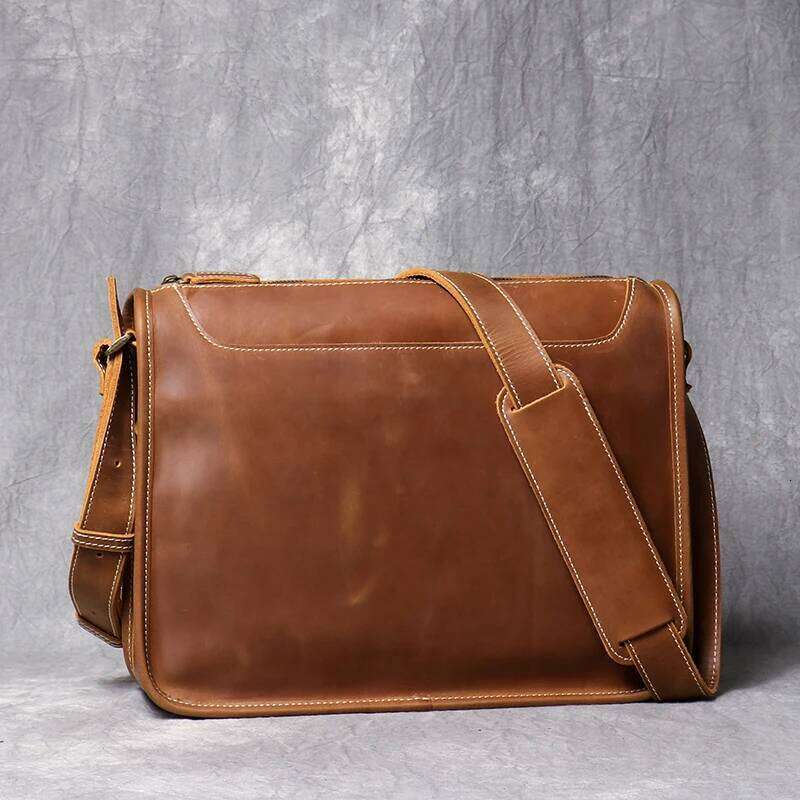 Leathfocus Crazy Horse Shoulder Men's Vintage First Layer Cowhide Leather Crossbody Bag for 12.9-inch Laptop