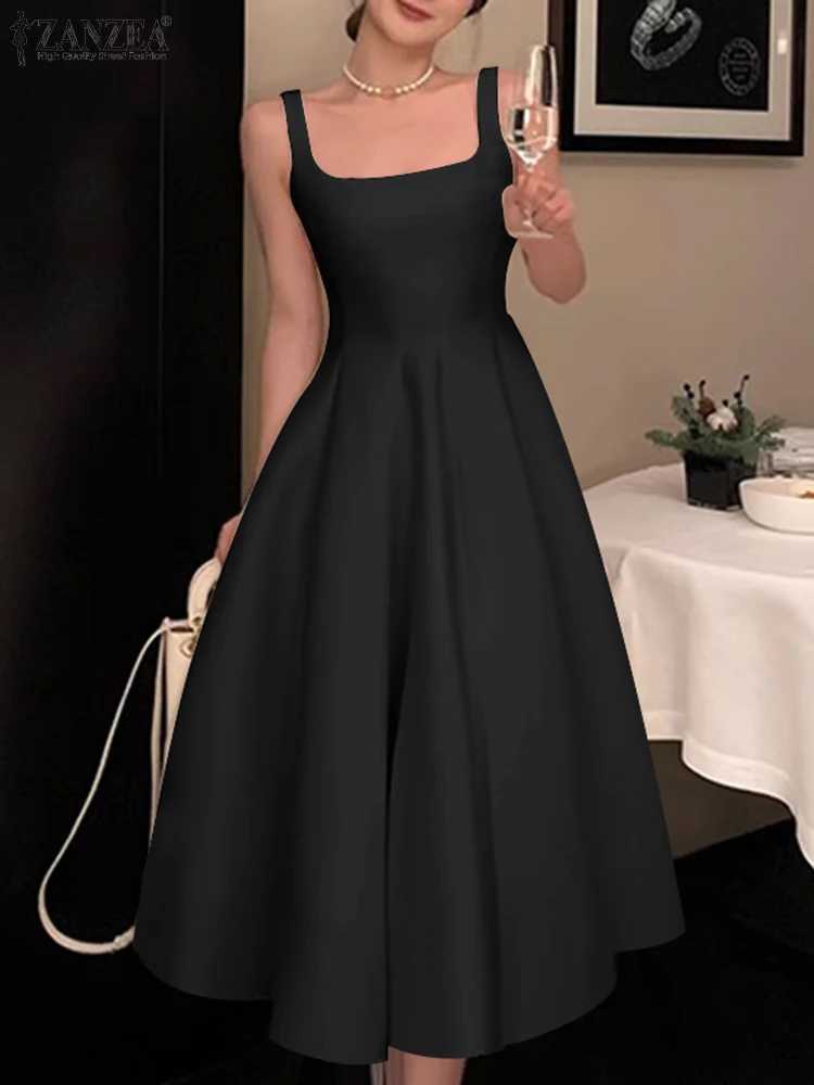2024 Summer Holiday Waisted Casual Square Collar Midi Dress ZANZEA Women Sleeveless Tank Dress Vintage Solid A-line Dress XJ250814