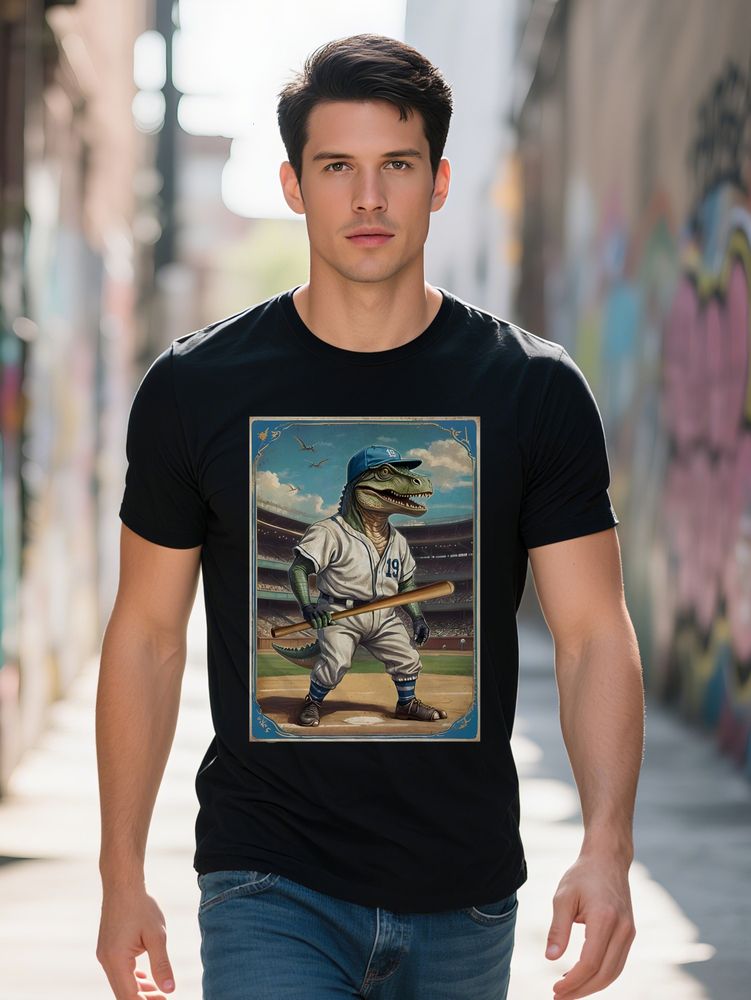 Men s Casual Graphic T-Shirt with Dinosaur Baseball Player Print Black Round Neck Summer Tee Regular Fit Unique Gift