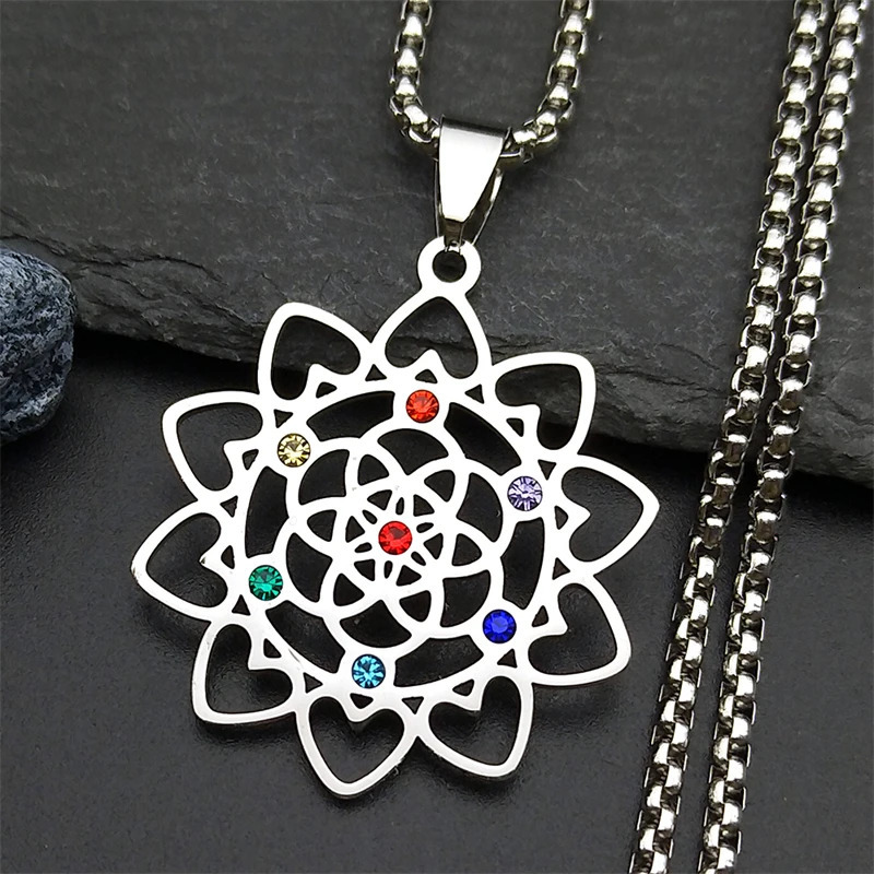 7 Chakra Sacred Geometry Metatron Heart Necklace For Women Flower Of Life Love Stainless Steel Silver Color Chain Jewelry Gifts 250812