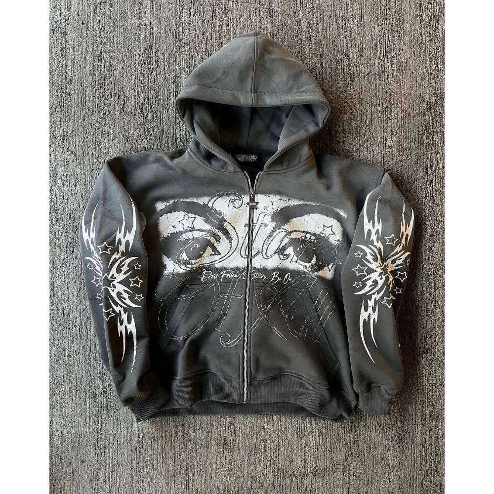 Y2k Haruku Retro Eye Pattern Casual Loose Zipper Hoodie Men American Street Hip-Hop Fashion Punk Oversized Sweatshirt Women