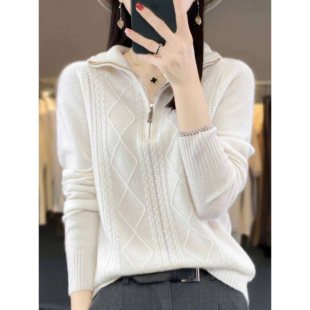 Women 100% Merino Wool Sweater Turtleneck Twisted Zipper Half Open Neck Pullover Autumn Winter Thickened Casual Knit Loose Tops 20250809