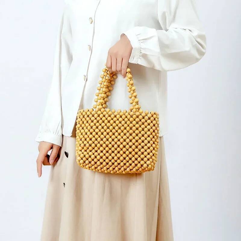 Vintage Wooden Beading Women Handbags Designer Hollow Beads Tote Handmade Casual Summer Beach Bag Small Bali Purses Sac high-quality