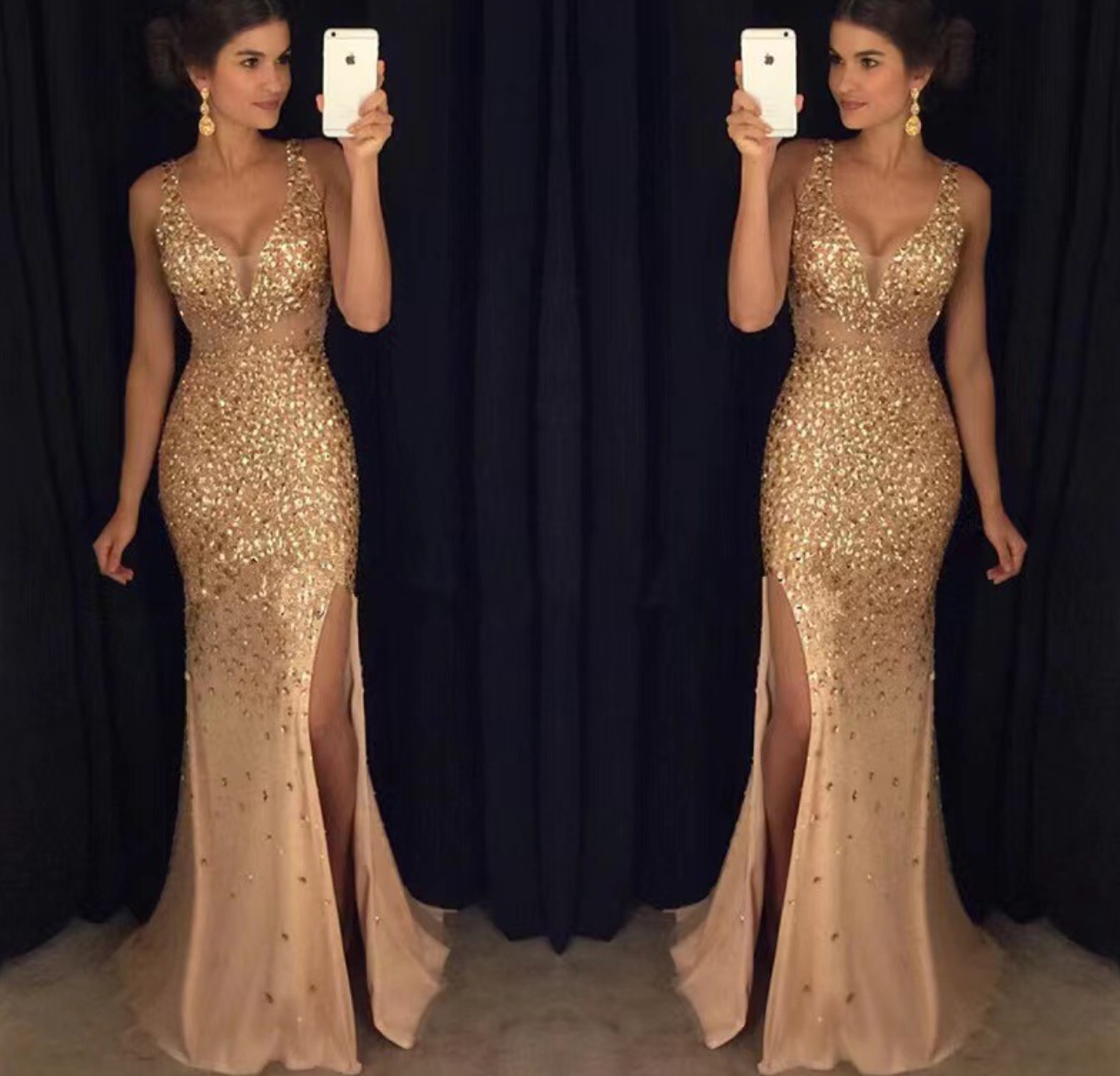 Elegant Black Gold Evening Dresses With Side Split Arabic Women Sexy Sweetheart A Line Sleeveless Crystals Sequined Prom Dress Black Girls Met Gala Party Vestidos