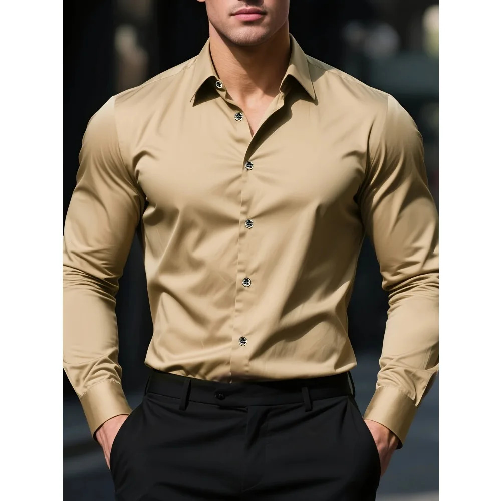 FGKKS Men Shirt Solid Color Long Sleeve Elastic Fabric Mens Multiple Colors Male Quality Basic Shirt 250813
