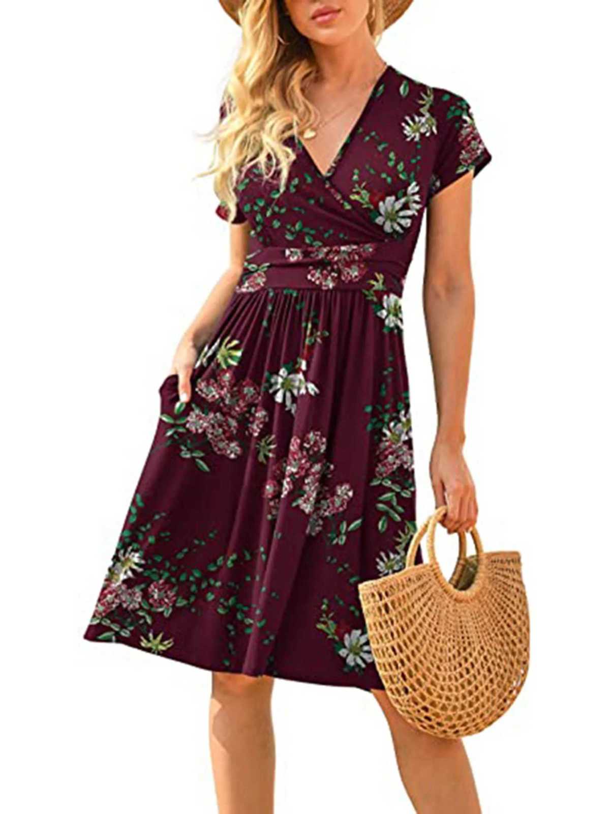 2024 Spring/Summer New Womens Long Skirt V-neck Short Sleeve Pocket Printed Loose Dress in Europe and America XJ250814