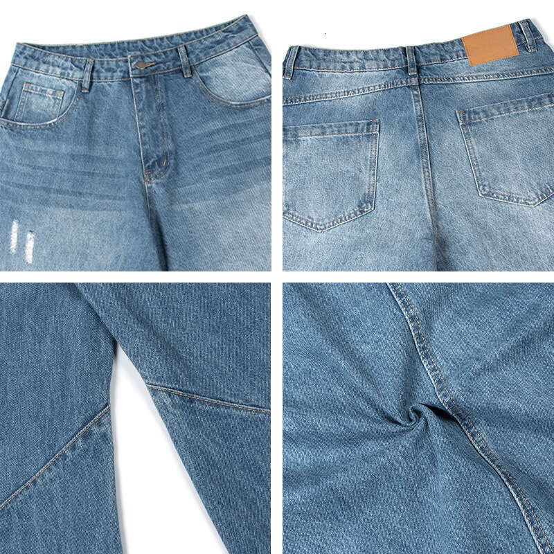 American Style Washed Vintage Cat Whisker Silhouette Jeans Unisex Trendy Loose Fit Floor-Length Scythe Pants B5