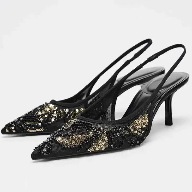 Fashion Mesh String Bead Embellished Design Heels Women Elegant Pointed Toe Back Strap Slip-On Sandals Black Party Dress Shoes W250814