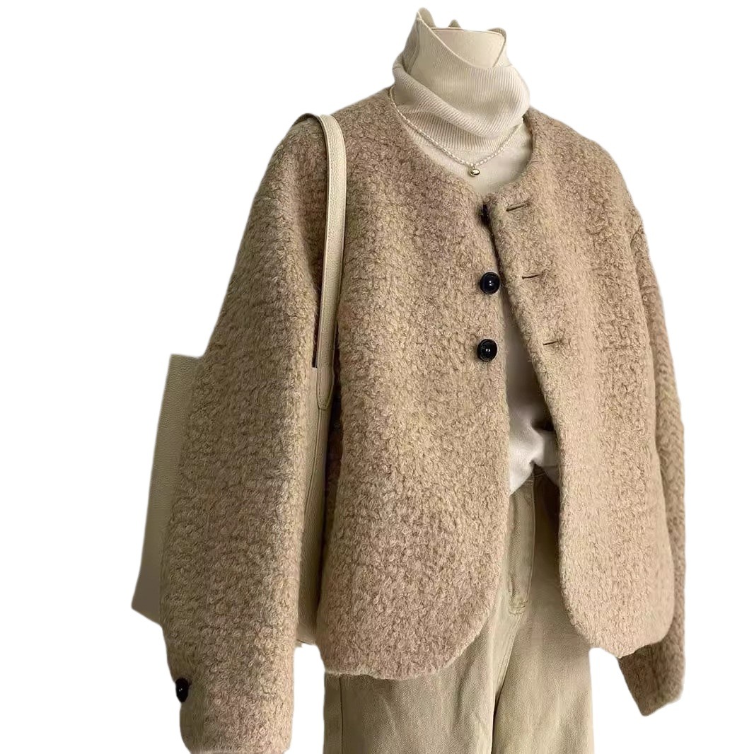 Korean Style Womens Cropped Jacket Spring Autumn Winter Lambswool Milk Tweed Style Age-reducing Petite Milk Tan Top 241008