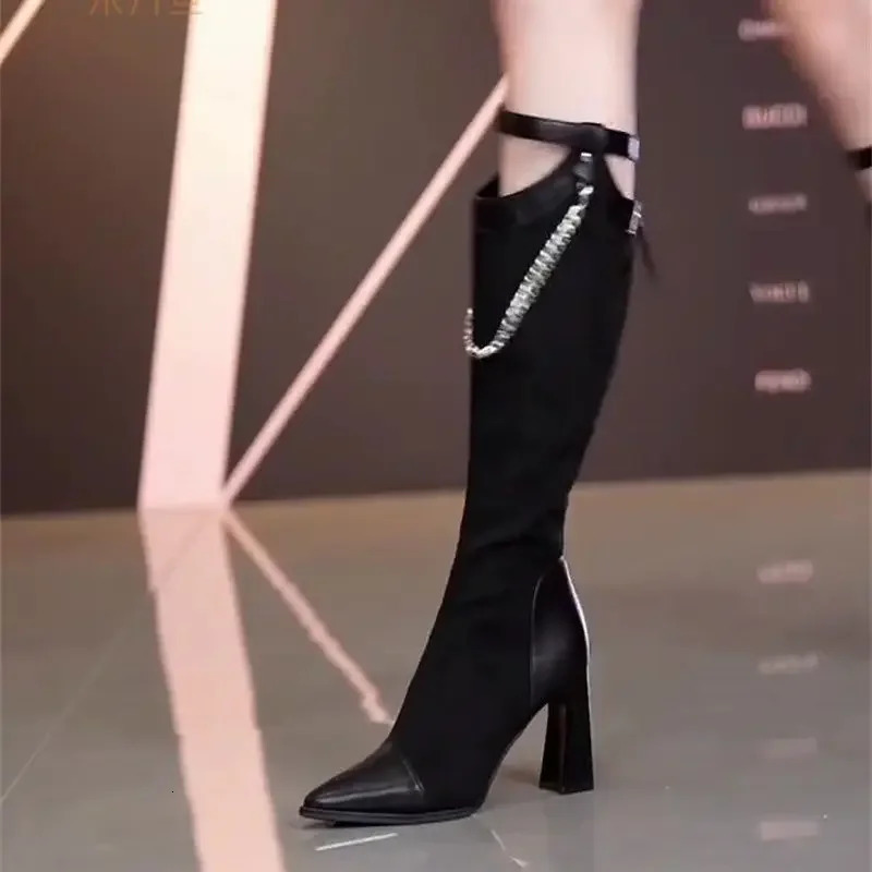 Ladies Knee High Shaft Shoes Chain Middle Heel Pointed Toe Womens Long Boots Spring Autumn Comfortable and Elegant Quality Sale 250812