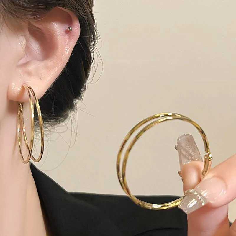 2025 New Trend Silver Color Double Layer Circle Hoop Earrings For Women Exaggerated Metal Layer Round Earrings Jewelry Gift XJ250814