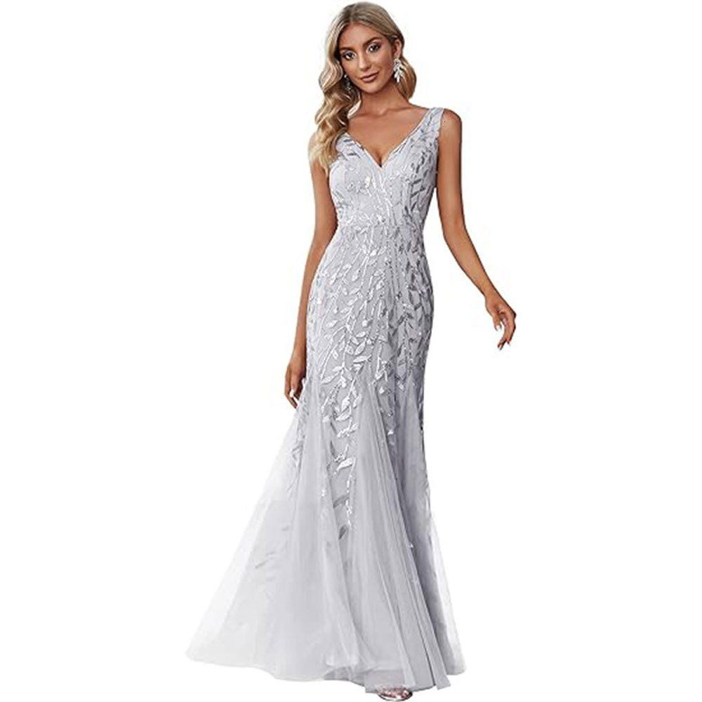 Sexy Sequin Mesh Party Dress Women Patchwork Sling V Neck Backless Long Robe Spring Summer Lady Slim Sleeveless Dresses 250520