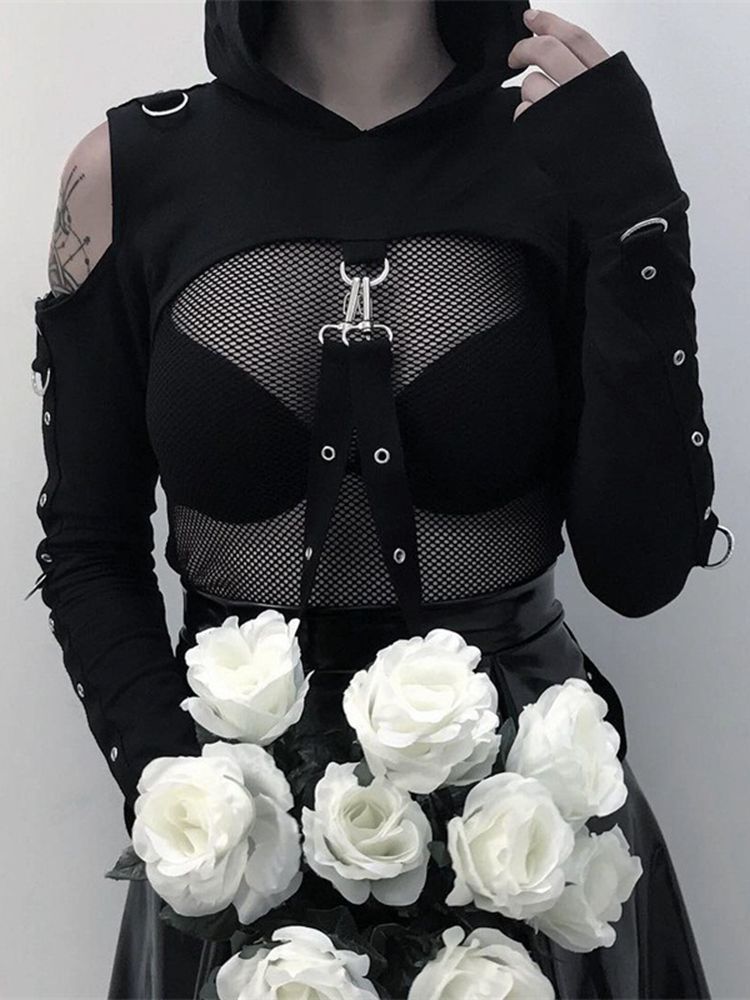 Stage Wear Dark Punk Style Women's Short Hoodie Sweatshirt round Neck Long Sleeve Belly Baring Mesh Fashion Top