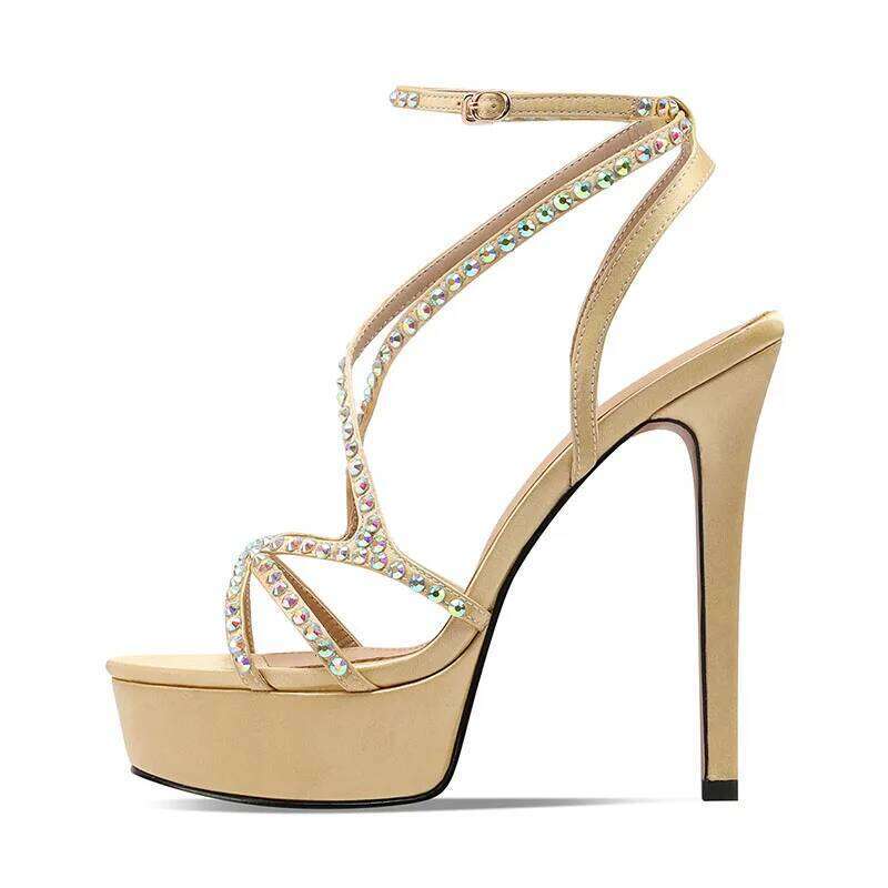Arden Furtado 2025 Summer Silk Round Open toe Platform Super high heel Sexy Crystal word-cingulate Ankle Strap Sandals