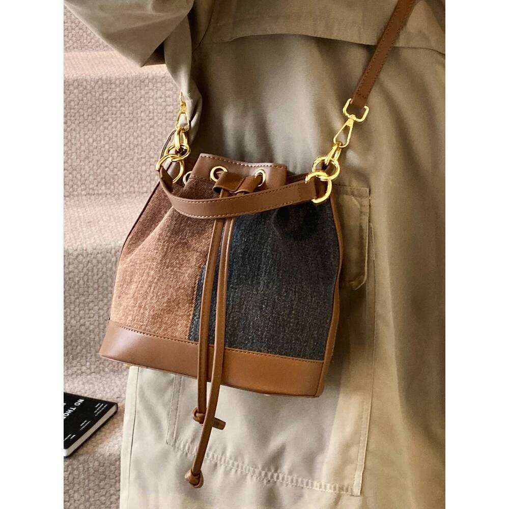 Vintage Women Bucket Bag Contrast Color String Handle Bags Large Capacity Female Commuting Messenger Shoulder Pack