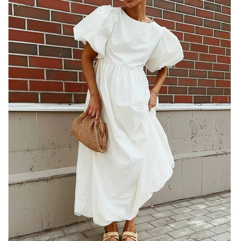 2025 Women Summer Puff Sleeve Bohemain White Long Dress High Waist Loose Style Cotton Boho Maxi Dress Vestidos Clothes 250813