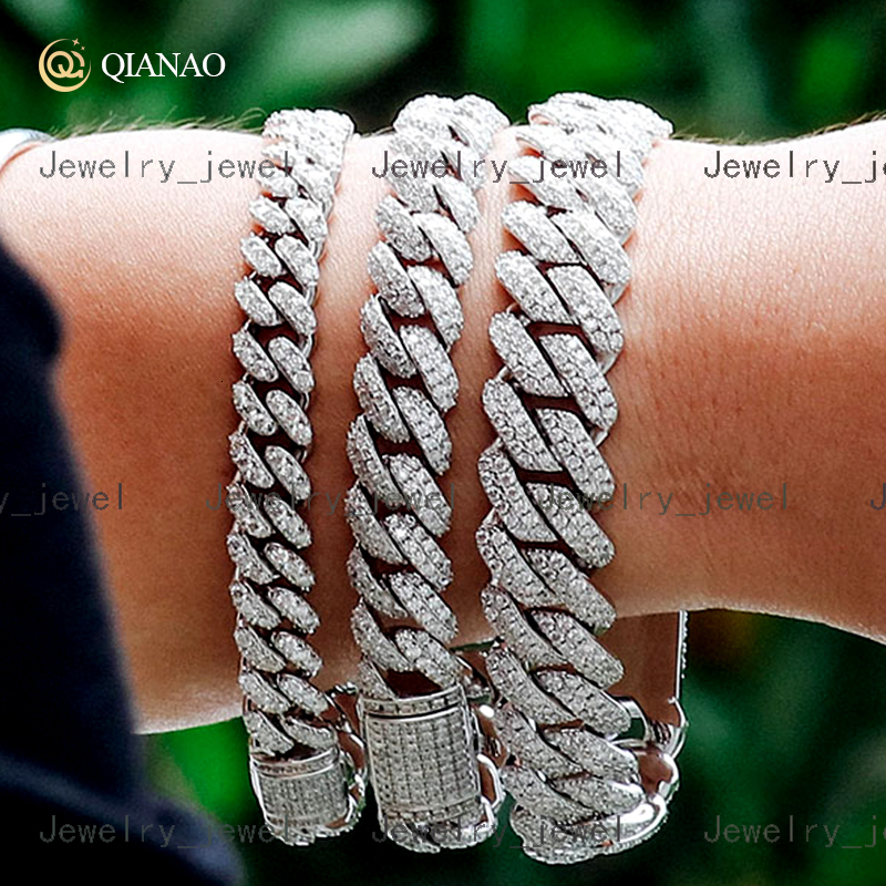 High Quality Solid Cuban Hip Hop Jewelry 8-15mm 925 Silver VVS Moissanite Diamond Iced Out Cuban Link Chain Bracelet for Men