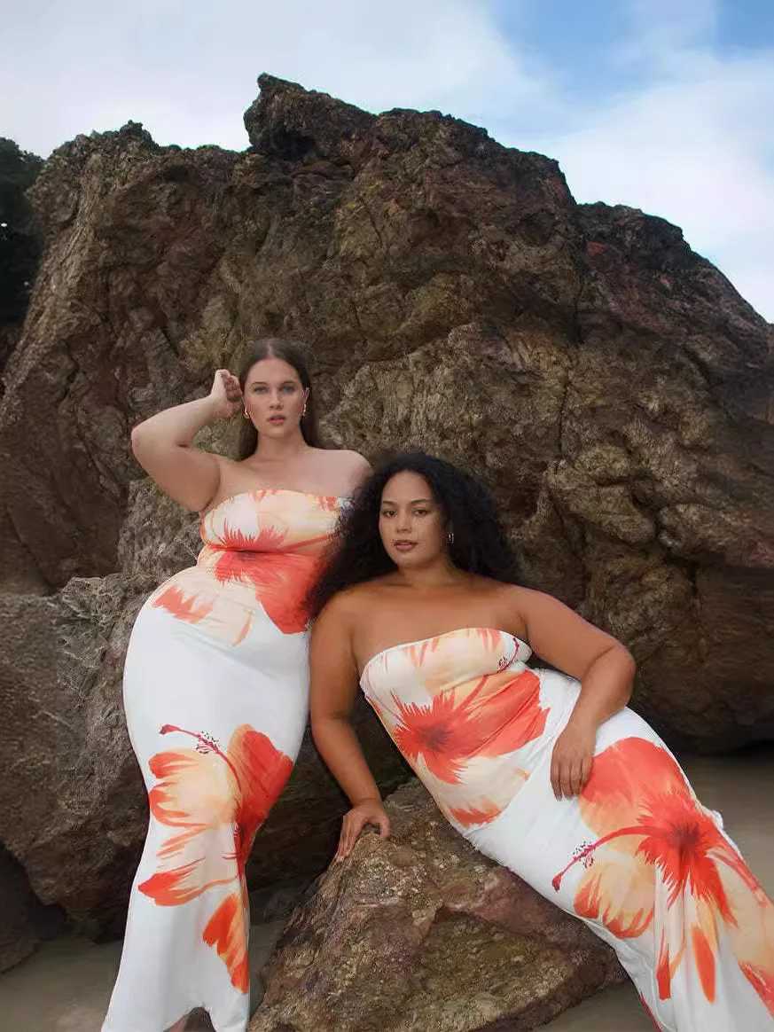 2025 Womens Fashion Sexy Flower Print Strapless Long Dress Summer Vacation Elastic High Waist Slim Fit Party Evening Dress XJ250814