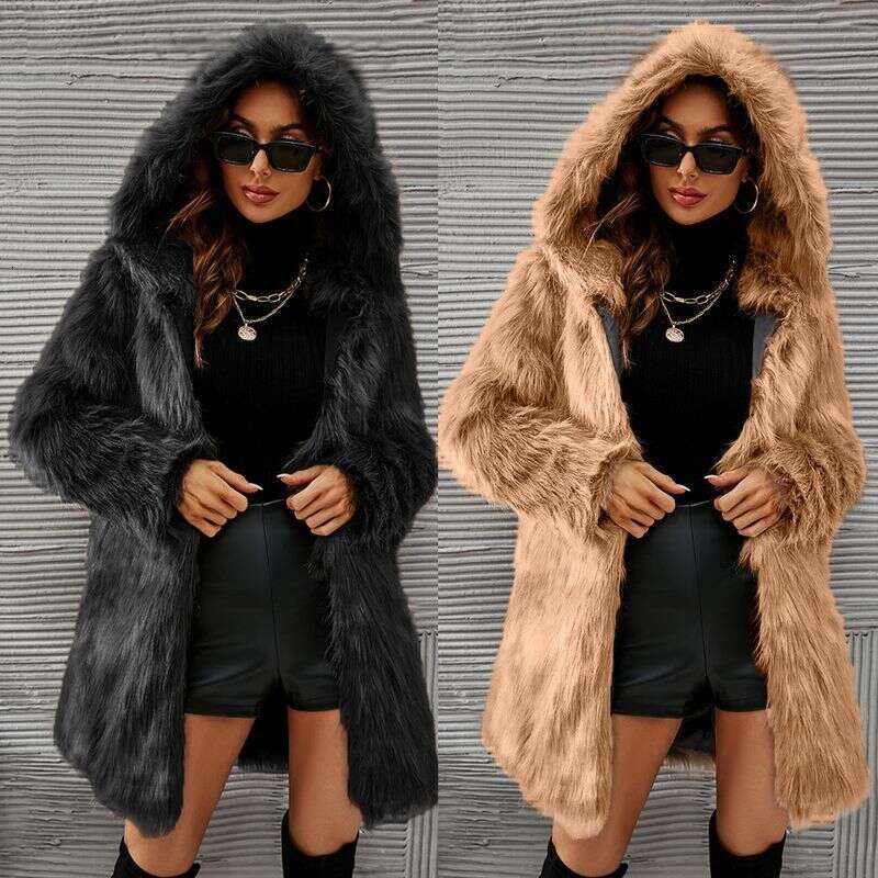 Women's Clothing New Autumn And Winter Hooded Mid Length Fur Jacket Top For Women