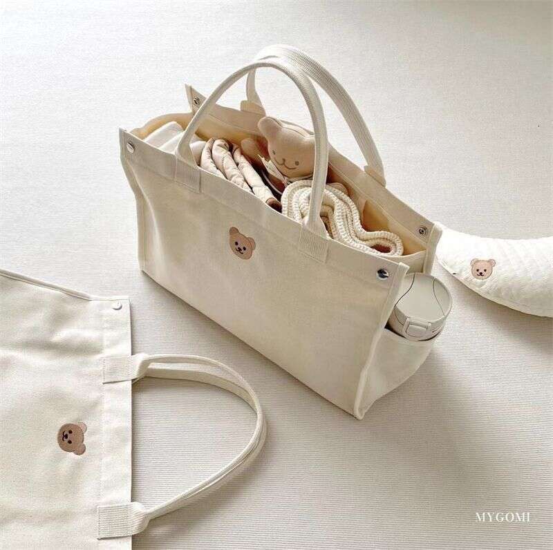 Leisure, minimalist, versatile, bear embroidered mommy go out canvas bag, mother and baby handbag