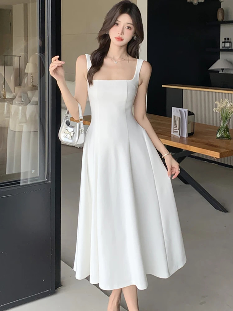 2025 White Square Collar Sling Sexy Long Dress Women Elegant Dance Party Dress Summer Korean Vintage Bodycon Vestidos 250813