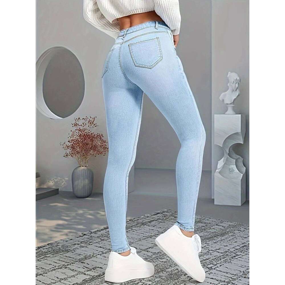 Women's High Waisted Elastic Slim Jeans Slanted Pockets Washed Blue High-Quality Comfortable Fit Suitable for Daily Wea