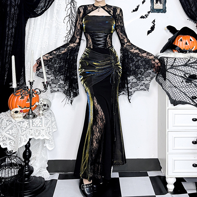 Stage Wear Halloween Sexy Women's Dress Vampire Cosplay Costume Perspective Lace Shawl Slim Fitting Suspender Fishtail Skirt Party Dress Up