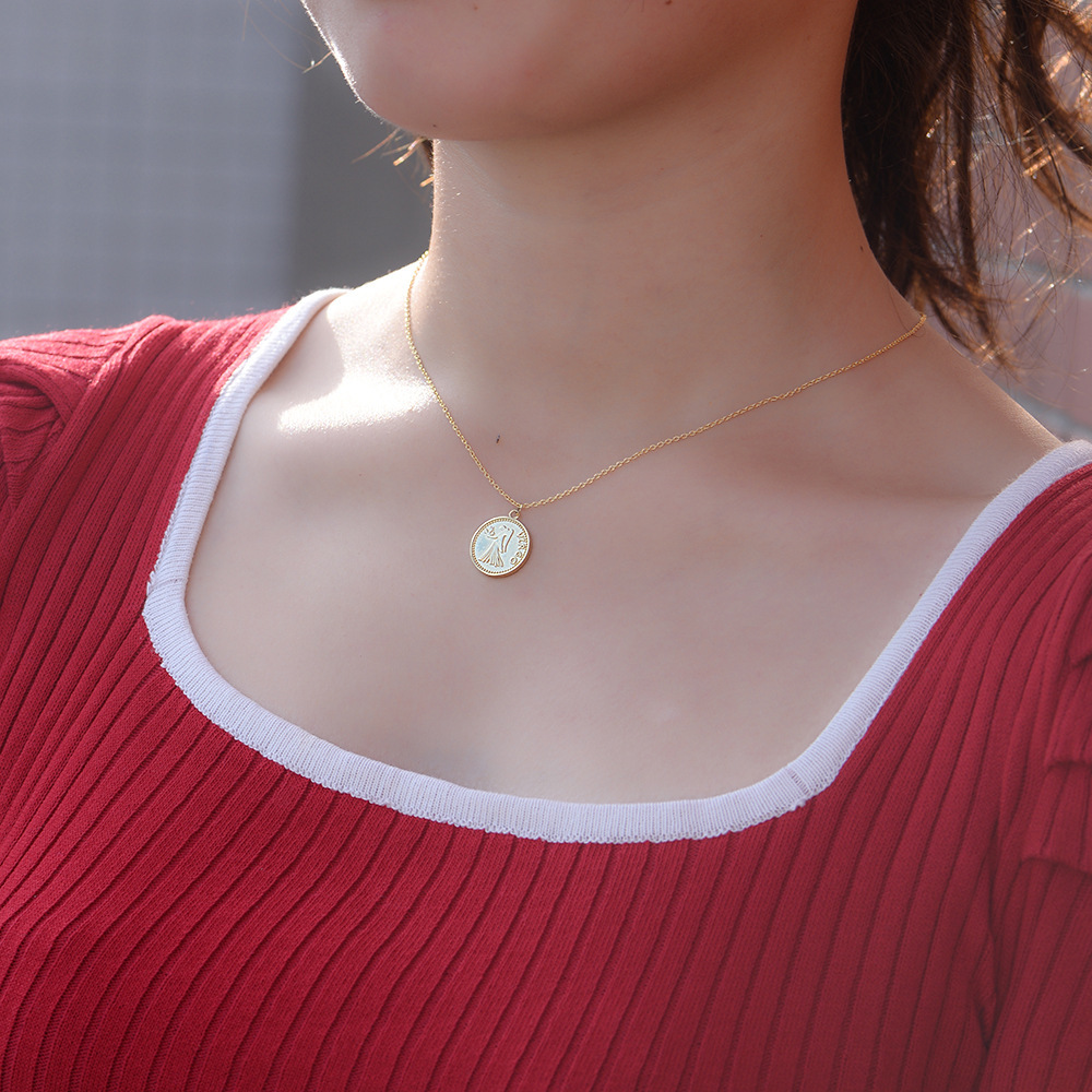 S Pure Sier Gold-Plated Coin Zodiac Necklace for Women Pendant Ins Style Trend Collarbone Chain