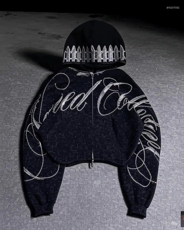 Mens Hoodies Retro Letters Rhinestone Sequin Short Hoodie Streetwear Womens Clothing Fashion Oversized Casual Pants Sweatshirt Graphic