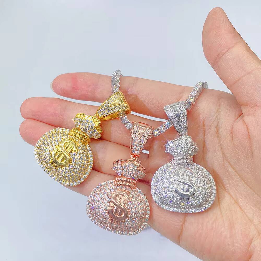 Iced out 925 Sterling Silver Hip Hop Diamond Pendant D Color VVS Moissanite Money Bag Gold Plating Rope Chain GRA Certificate