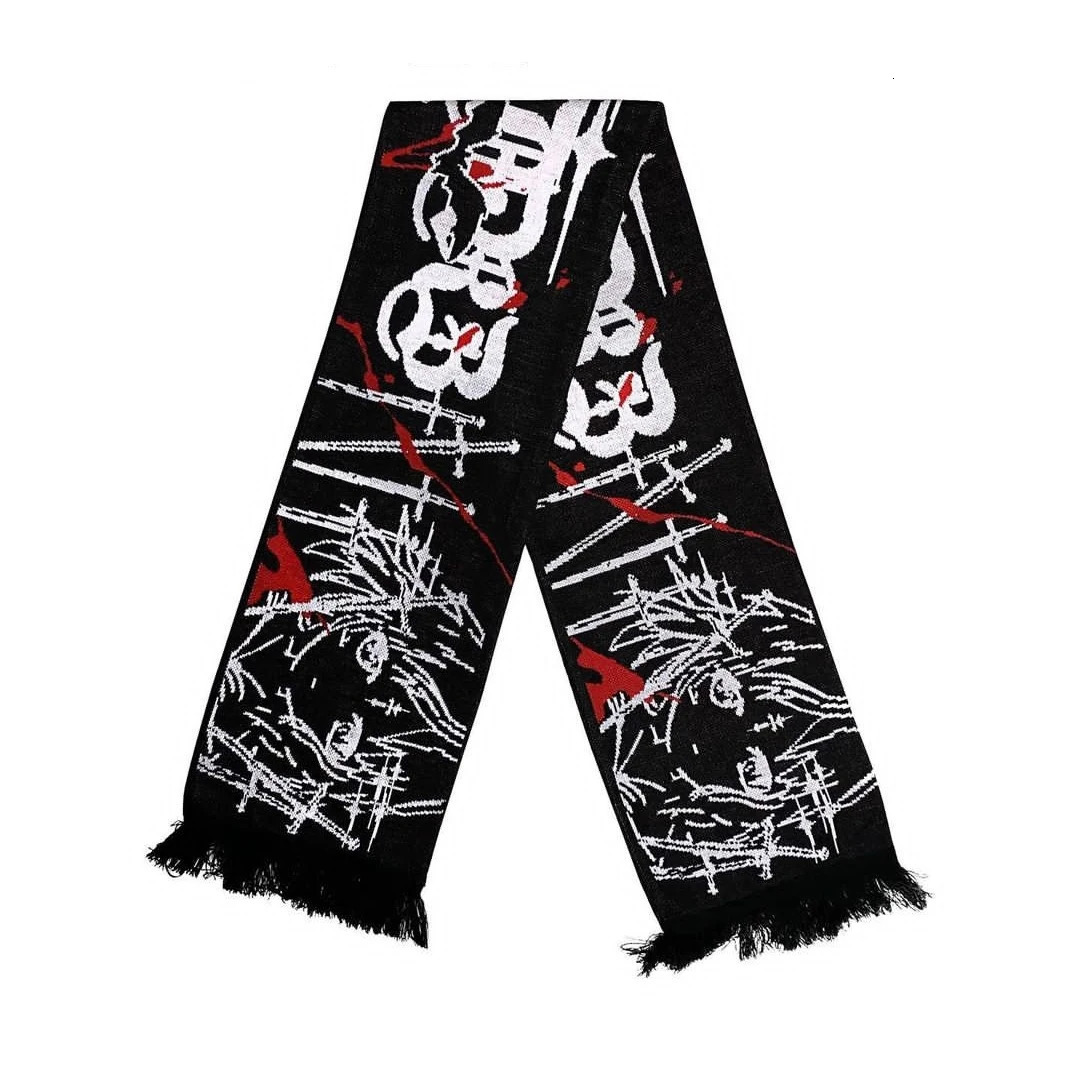 Fashion creative Goth Letter striped knitted womens scarf mens winter scarf apron black tassel luminous Y2K Kpop 250813