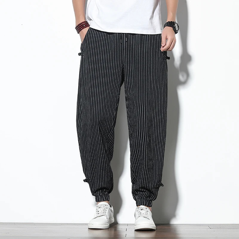 Spring Summer Disc Buckle Striped Harem Pants Mens Breathable Cotton Linen Pencil Casual Bloomers Fashion Trousers 250808