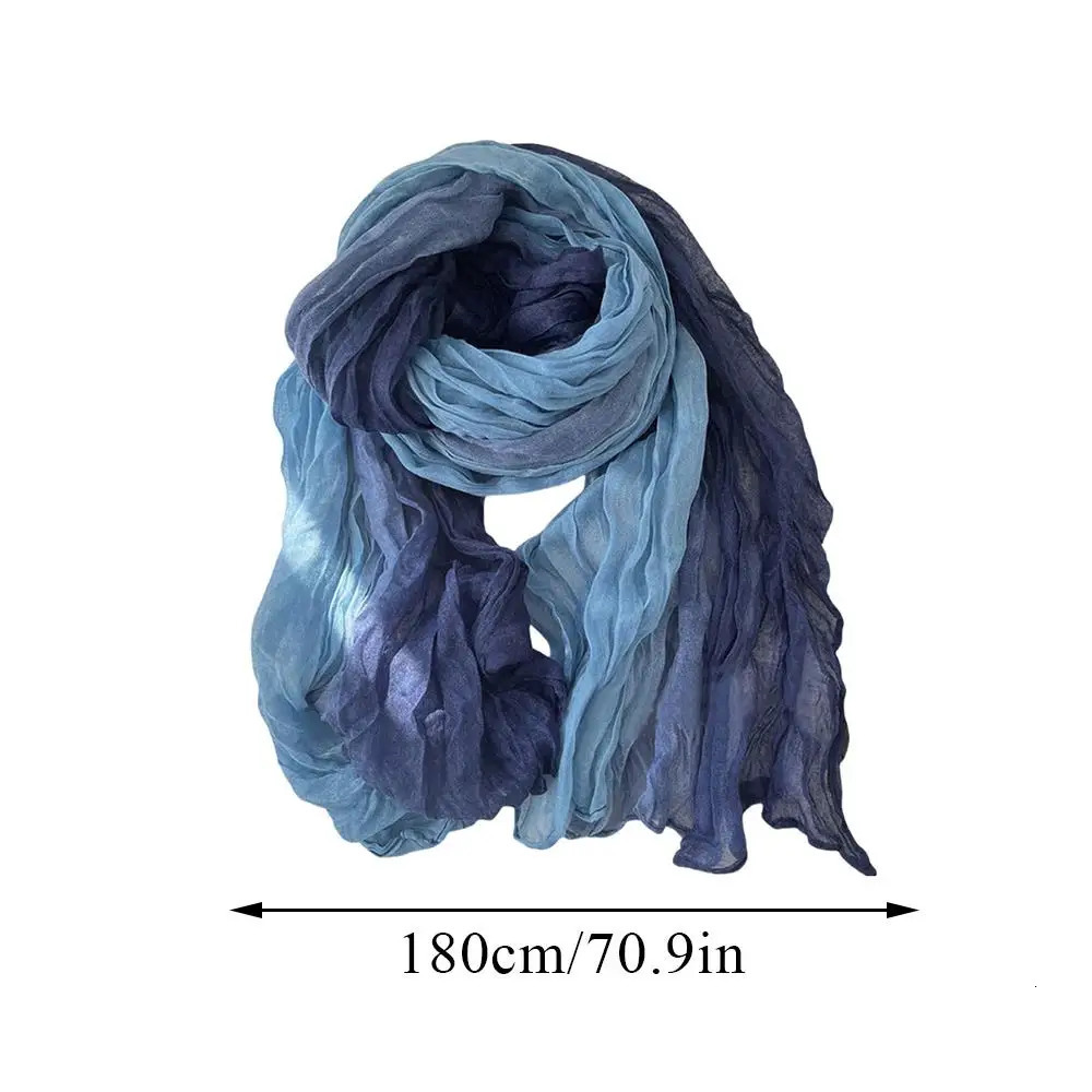 Scarf Cotton Hemp Gradient Blue Autumn Winter Retro Versatile Printed Womens Long Fold Shawl Soft Fashionable Trend 250813