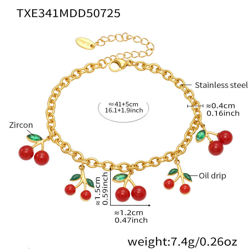 Xinyixin New Cherry Pendant Necklace Bracelet Set Stainless Steel Gold Plated Versatile Jewelry