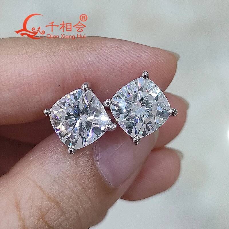 S925 Silver Cushion Shape 3ct Moissanite D VVS Womens Ear Stud Wedding Jewelry Gift Earring for Dating