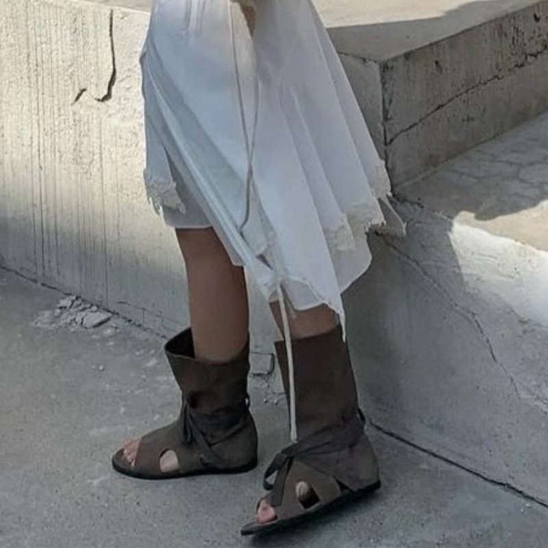 Designer Cowboy Boots Fashionable Women High Top Flats Women Summer Lace Up Open Toe Sandals Western Boots 35-40 XY74