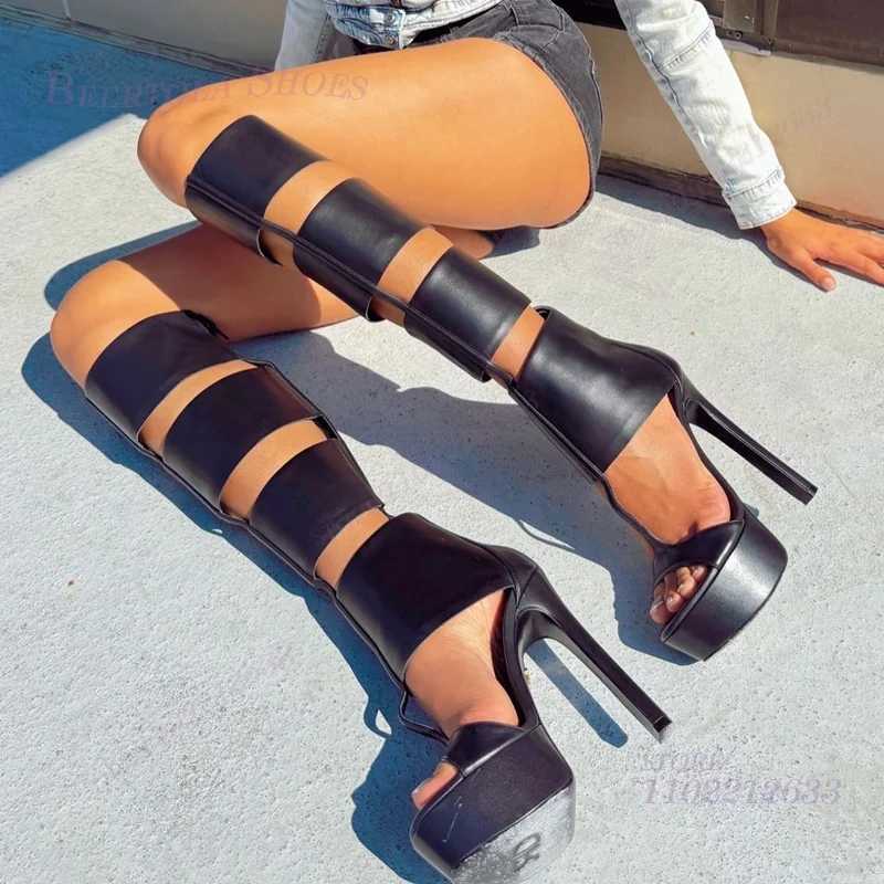 Black Wide Square Leather Plaid Sandals Boots Women Platform Heels Hollow Stiletto Back Zipper Stripes Summer Knee Wrapped Shoes W250814