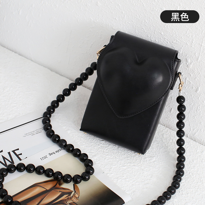 Korean Style Textured Single Shoulder Crossbody Black Peach Heart Phone Simple Versatile Beaded Small Square Bag for Women