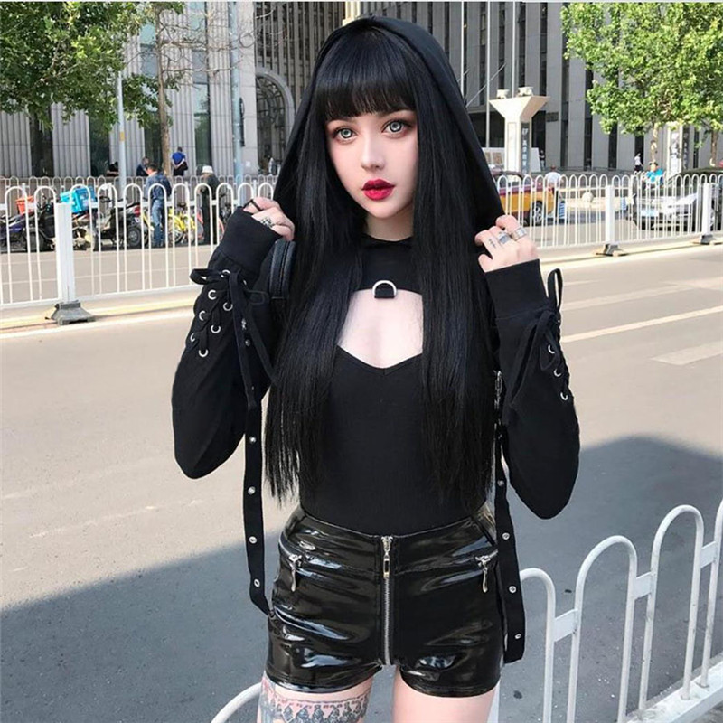 Stage Wear Streetwear Grunge Dark Cold Shoulder Black T-shirts Women Lace Up Skinny Crop Top Cut Out Sexy Shirts Gothic Clothes