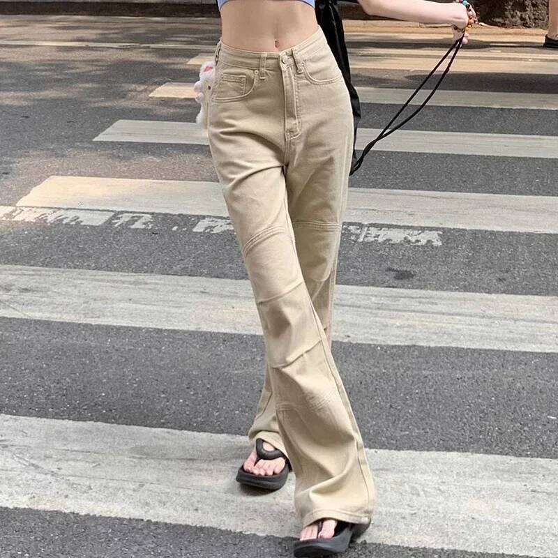 Woman High Waist Fashion Loose Flare Jeans Female American Casual Bell Bottom Pants Girls Designer Khaki Denim Cargo Trousers